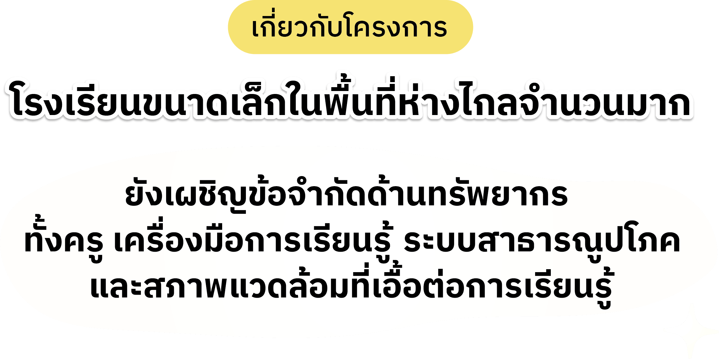 เกี่ยวกับโครงการร โรงเรียนขนาดเล็กในพื้นที่ห่างไกลจำนวนมาก ยังเผชิญข้อจำกััดด้านทรัพยากรทั้งครู เครื่องมือการเรียนรู้ระบบสาธารณูปโภค และสภาพแวดล้อมที่เอื้อต่อการเรียนรู้ เกี่ยวกับโครงการร โรงเรียนขนาดเล็กในพื้นที่ห่างไกลจำนวนมาก ยังเผชิญข้อจำกััดด้านทรัพยากรทั้งครู เครื่องมือการเรียนรู้ระบบสาธารณูปโภค และสภาพแวดล้อมที่เอื้อต่อการเรียนรู้